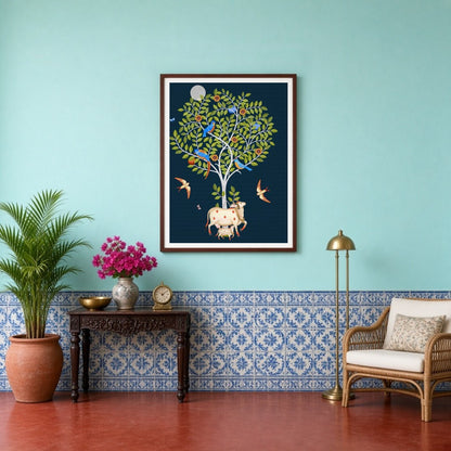 This captivating Pichwai artwork showcases the divine Kamdhenu cow and her calf resting peacefully for Entrance
