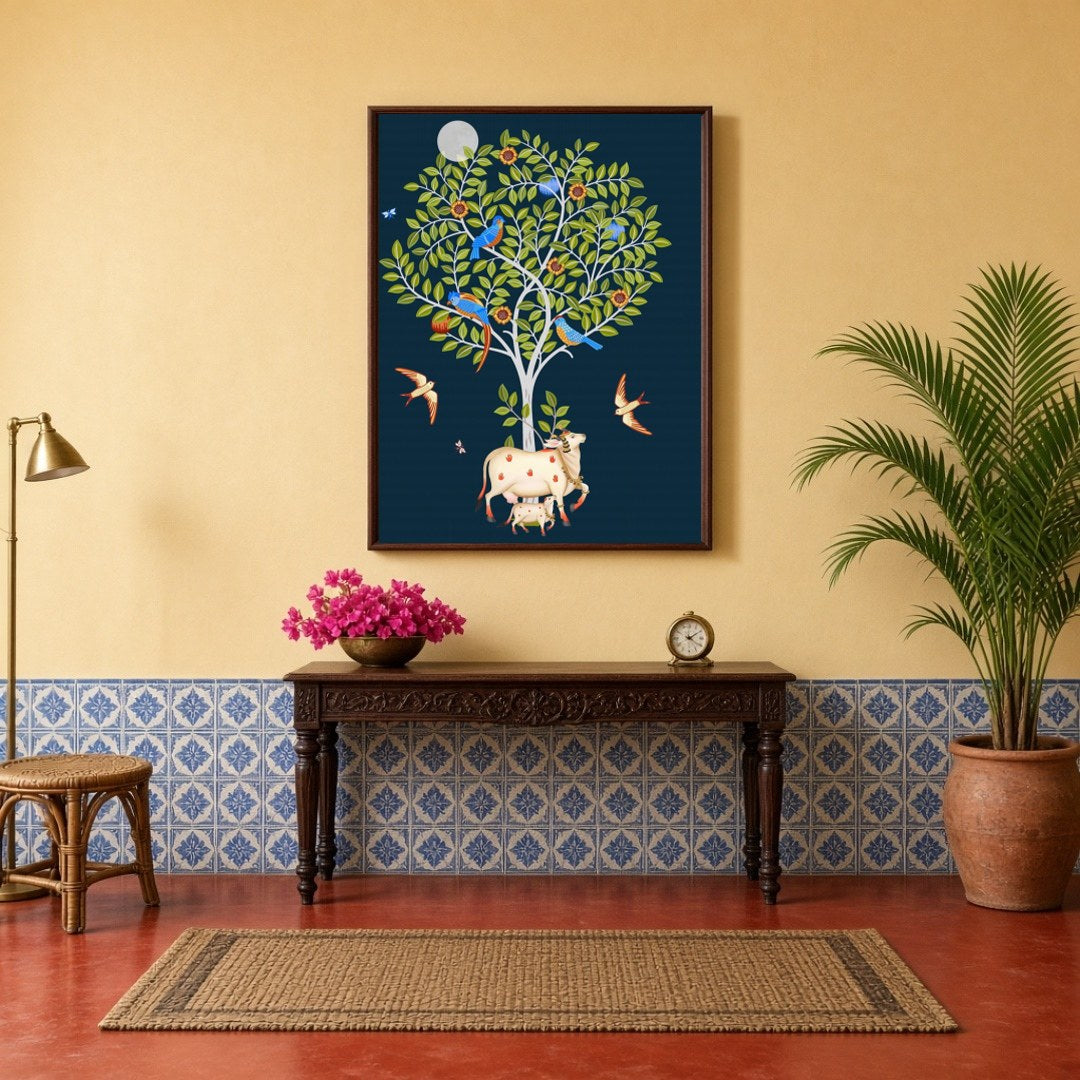 This captivating Pichwai artwork showcases the divine Kamdhenu cow and her calf resting peacefully for Hallway
