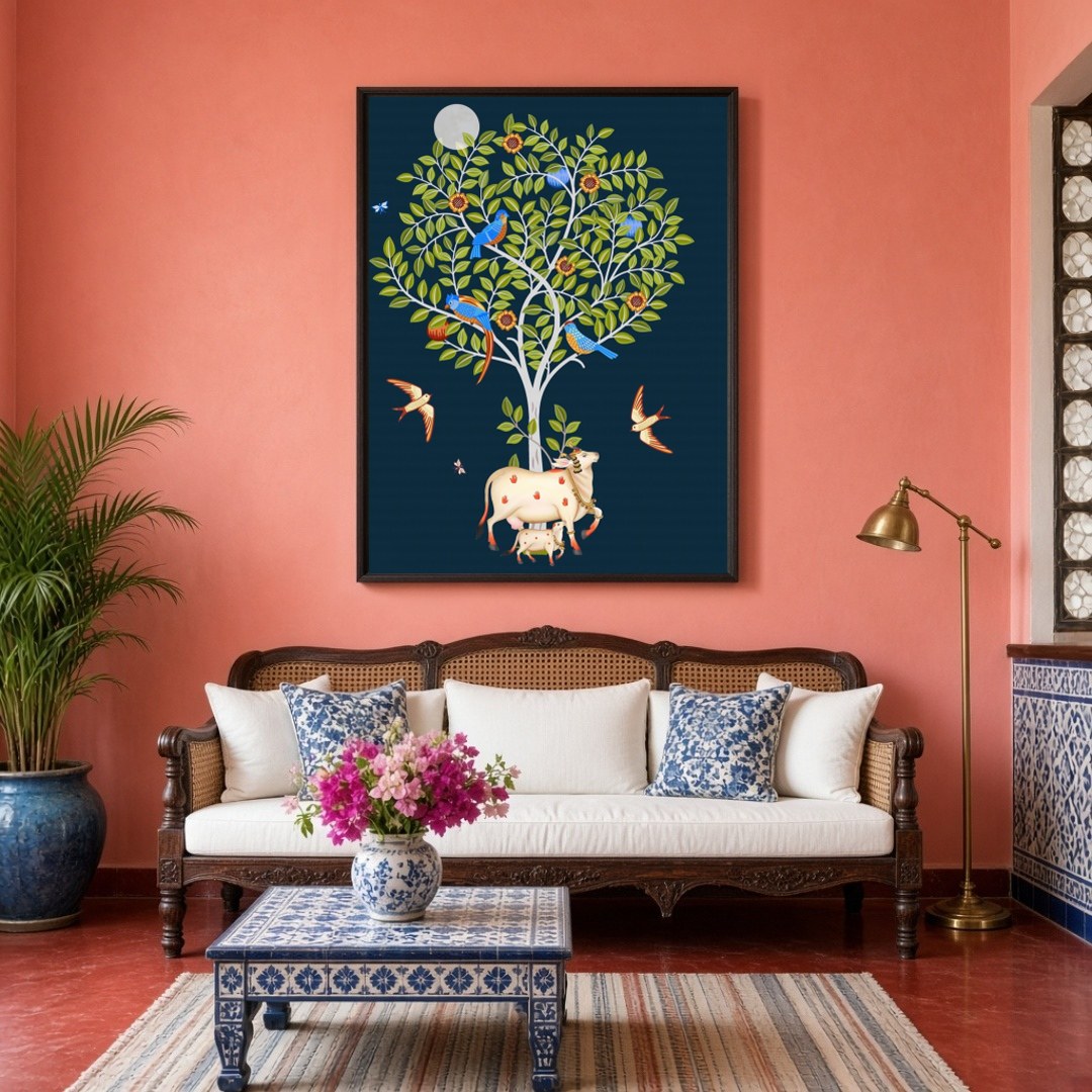 This captivating Pichwai artwork showcases the divine Kamdhenu cow and her calf resting peacefully for Living Room