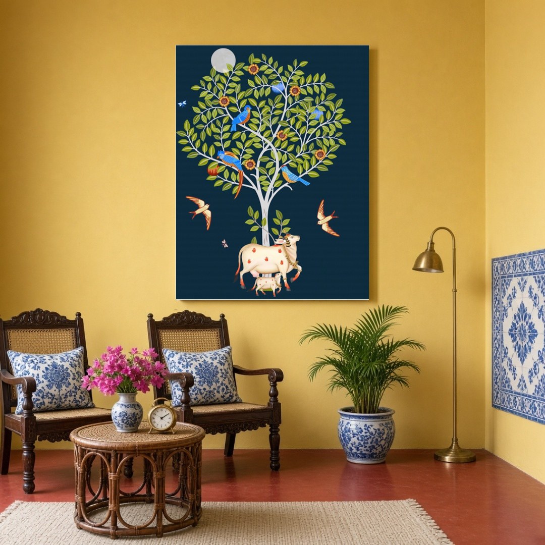 This captivating Pichwai artwork showcases the divine Kamdhenu cow and her calf resting peacefully for Sitting Area
