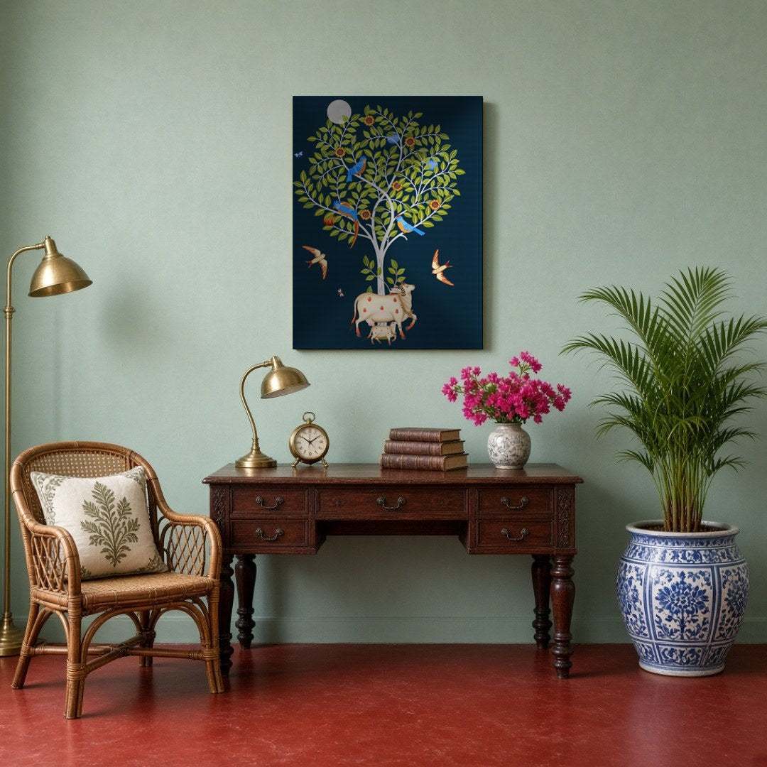 This captivating Pichwai artwork showcases the divine Kamdhenu cow and her calf resting peacefully for Study