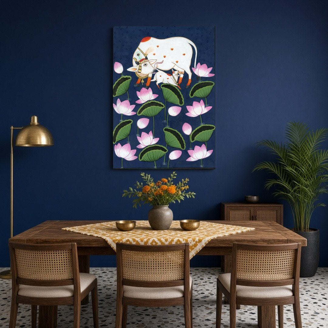 Adorn your space with the serene beauty of 'Celestial Kamdhenu and Calf in Floral Pichwai.' This for Dining