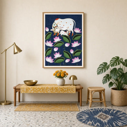 Adorn your space with the serene beauty of 'Celestial Kamdhenu and Calf in Floral Pichwai.' This for Entrance