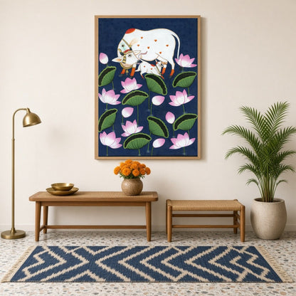 Adorn your space with the serene beauty of 'Celestial Kamdhenu and Calf in Floral Pichwai.' This for Hallway
