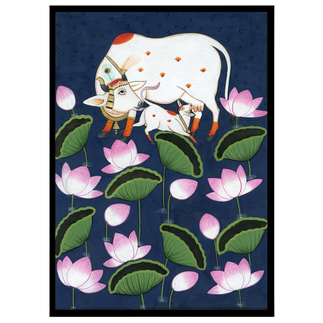 Adorn your space with the serene beauty of 'Celestial Kamdhenu and Calf in Floral Pichwai.' This for haven