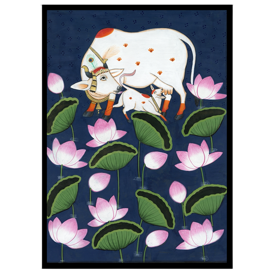 Adorn your space with the serene beauty of 'Celestial Kamdhenu and Calf in Floral Pichwai.' This for haven