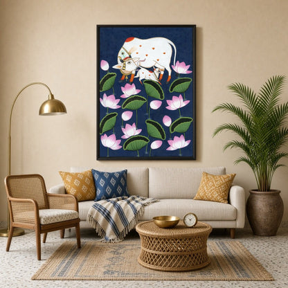 Adorn your space with the serene beauty of 'Celestial Kamdhenu and Calf in Floral Pichwai.' This for Living Room