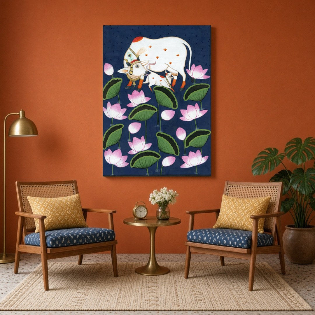 Adorn your space with the serene beauty of 'Celestial Kamdhenu and Calf in Floral Pichwai.' This for Sitting Area