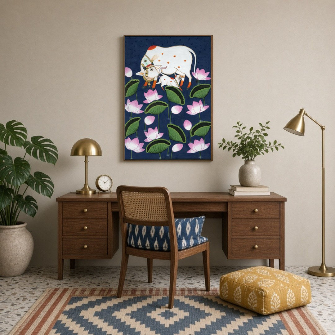 Adorn your space with the serene beauty of 'Celestial Kamdhenu and Calf in Floral Pichwai.' This for Study