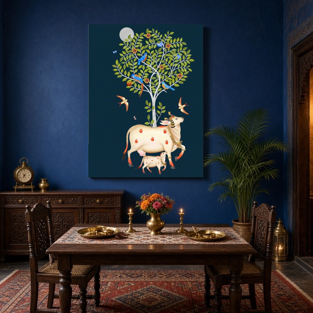 Immerse yourself in the mystique of Pichwai art with this stunning depiction of Kamdhenu and her for Dining