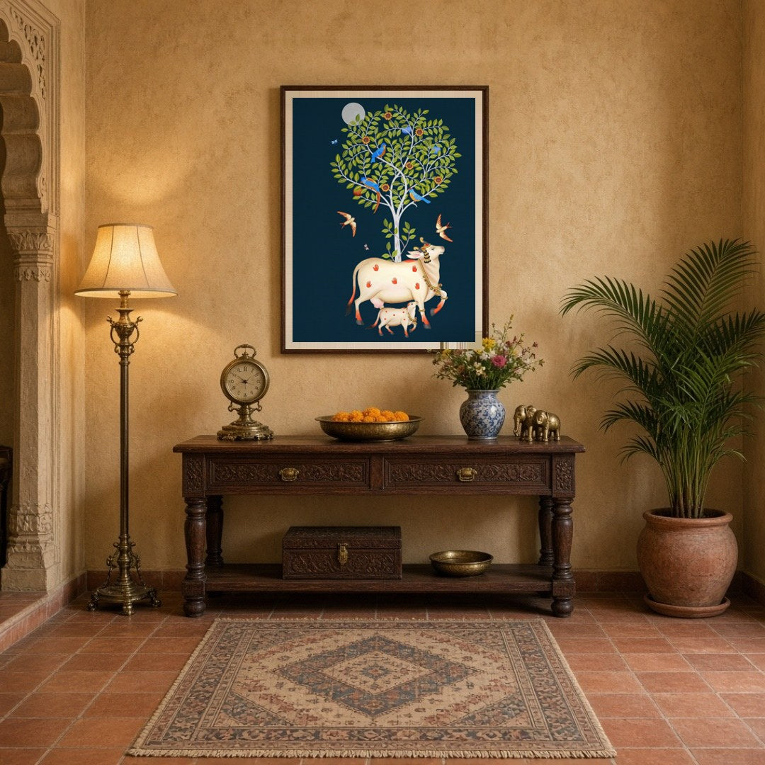Immerse yourself in the mystique of Pichwai art with this stunning depiction of Kamdhenu and her for Entrance