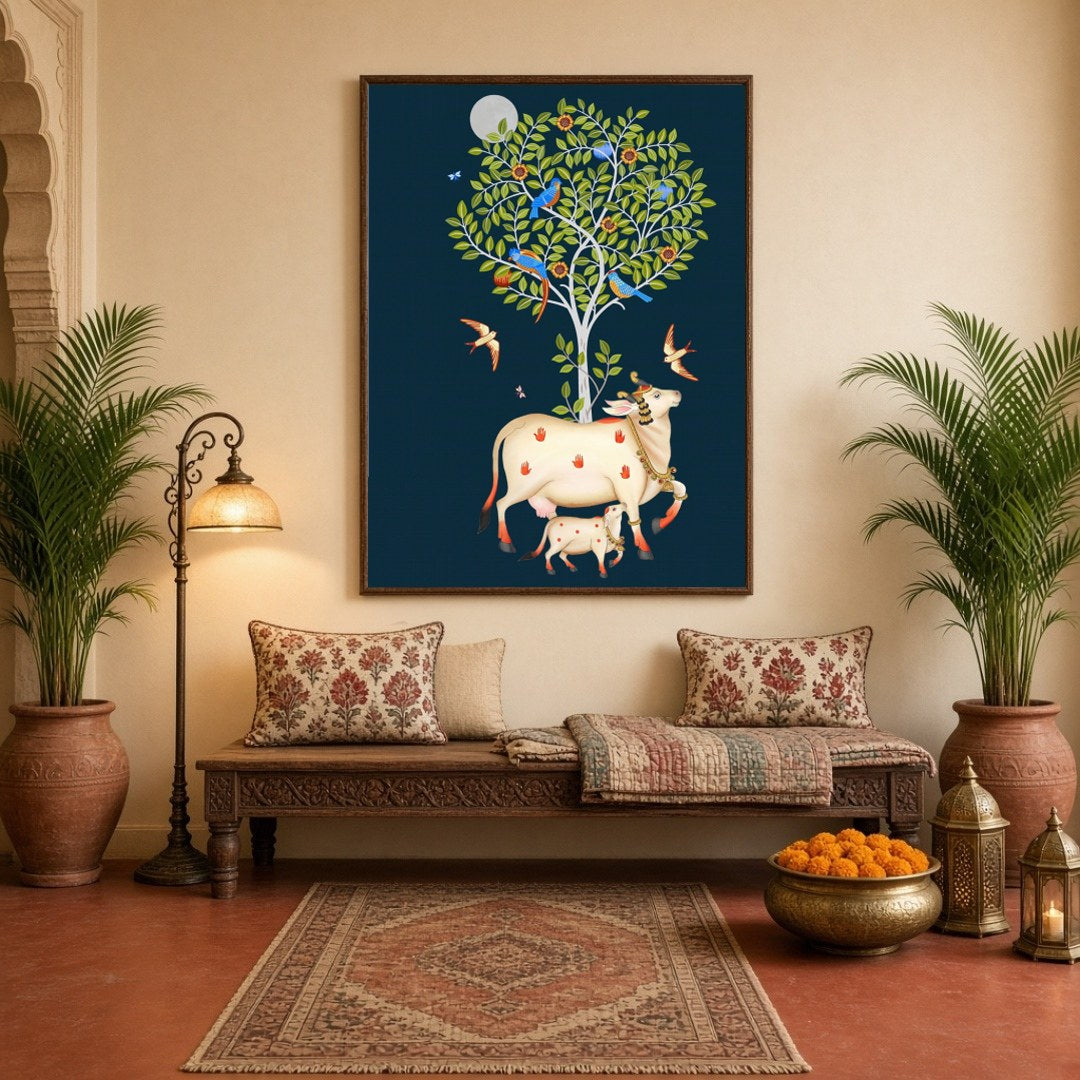 Immerse yourself in the mystique of Pichwai art with this stunning depiction of Kamdhenu and her for Hallway