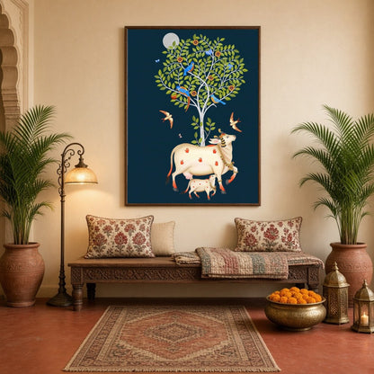 Immerse yourself in the mystique of Pichwai art with this stunning depiction of Kamdhenu and her for Hallway