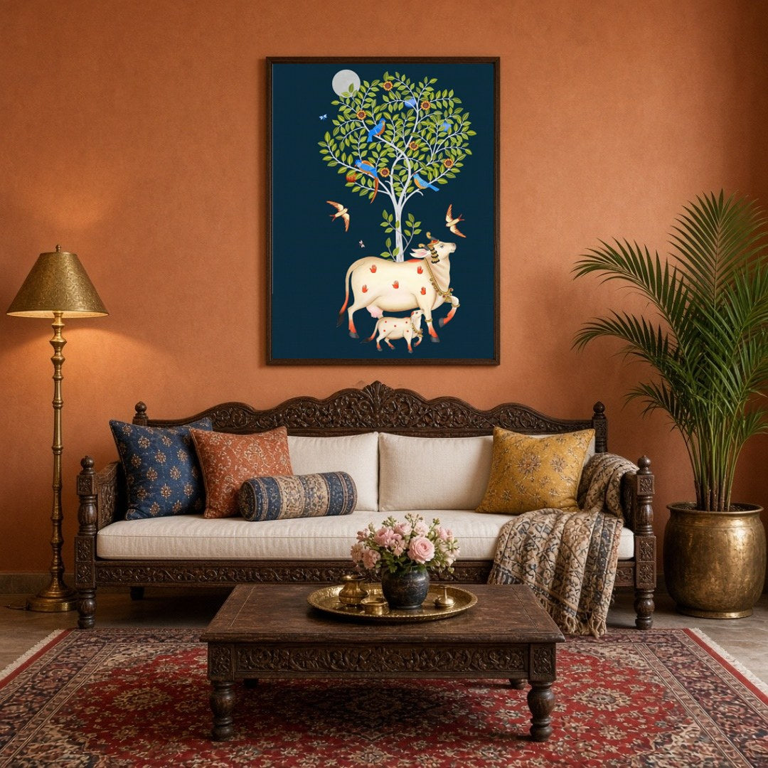 Immerse yourself in the mystique of Pichwai art with this stunning depiction of Kamdhenu and her for Living Room