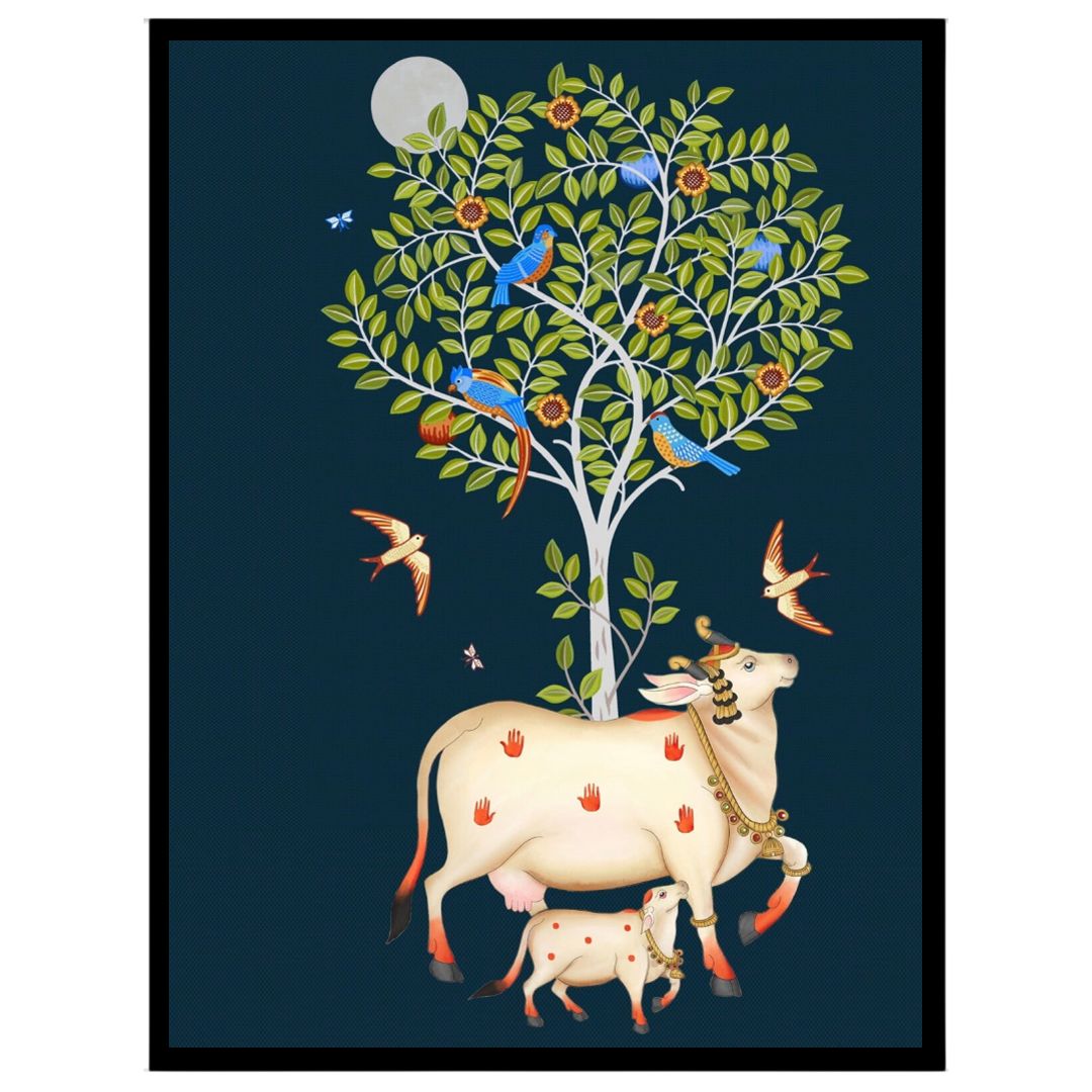 Immerse yourself in the mystique of Pichwai art with this stunning depiction of Kamdhenu and her for lovely-house
