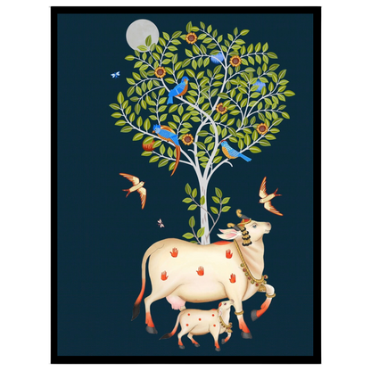 Immerse yourself in the mystique of Pichwai art with this stunning depiction of Kamdhenu and her for lovely-house