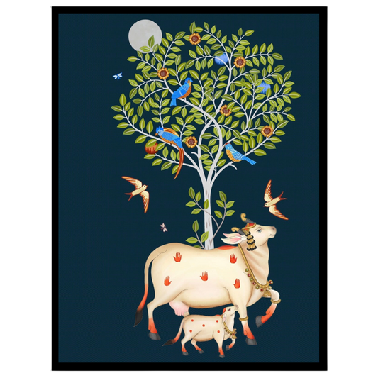 Immerse yourself in the mystique of Pichwai art with this stunning depiction of Kamdhenu and her for lovely-house
