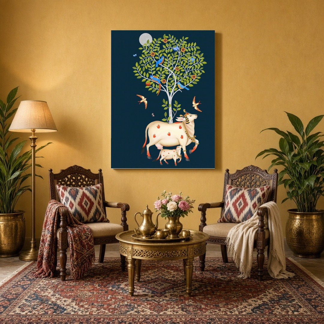 Immerse yourself in the mystique of Pichwai art with this stunning depiction of Kamdhenu and her for Sitting Area
