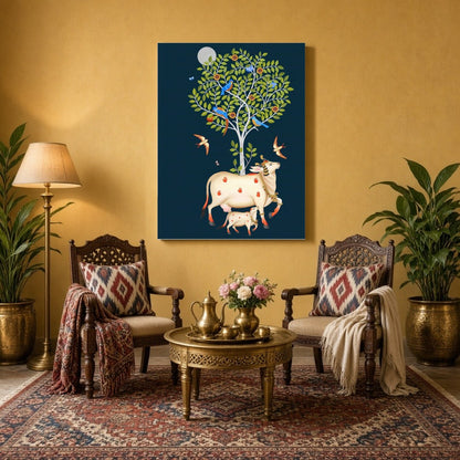 Immerse yourself in the mystique of Pichwai art with this stunning depiction of Kamdhenu and her for Sitting Area