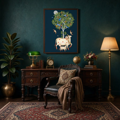 Immerse yourself in the mystique of Pichwai art with this stunning depiction of Kamdhenu and her for Study