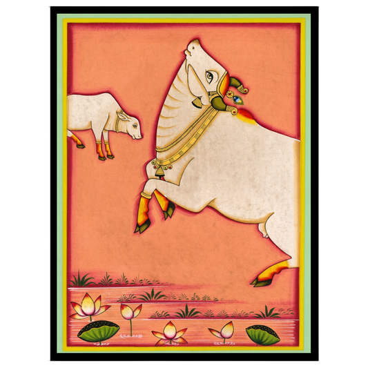 Experience the divine allure of Kamdhenu in this exquisite Pichwai artwork. Highlighting for dwelling