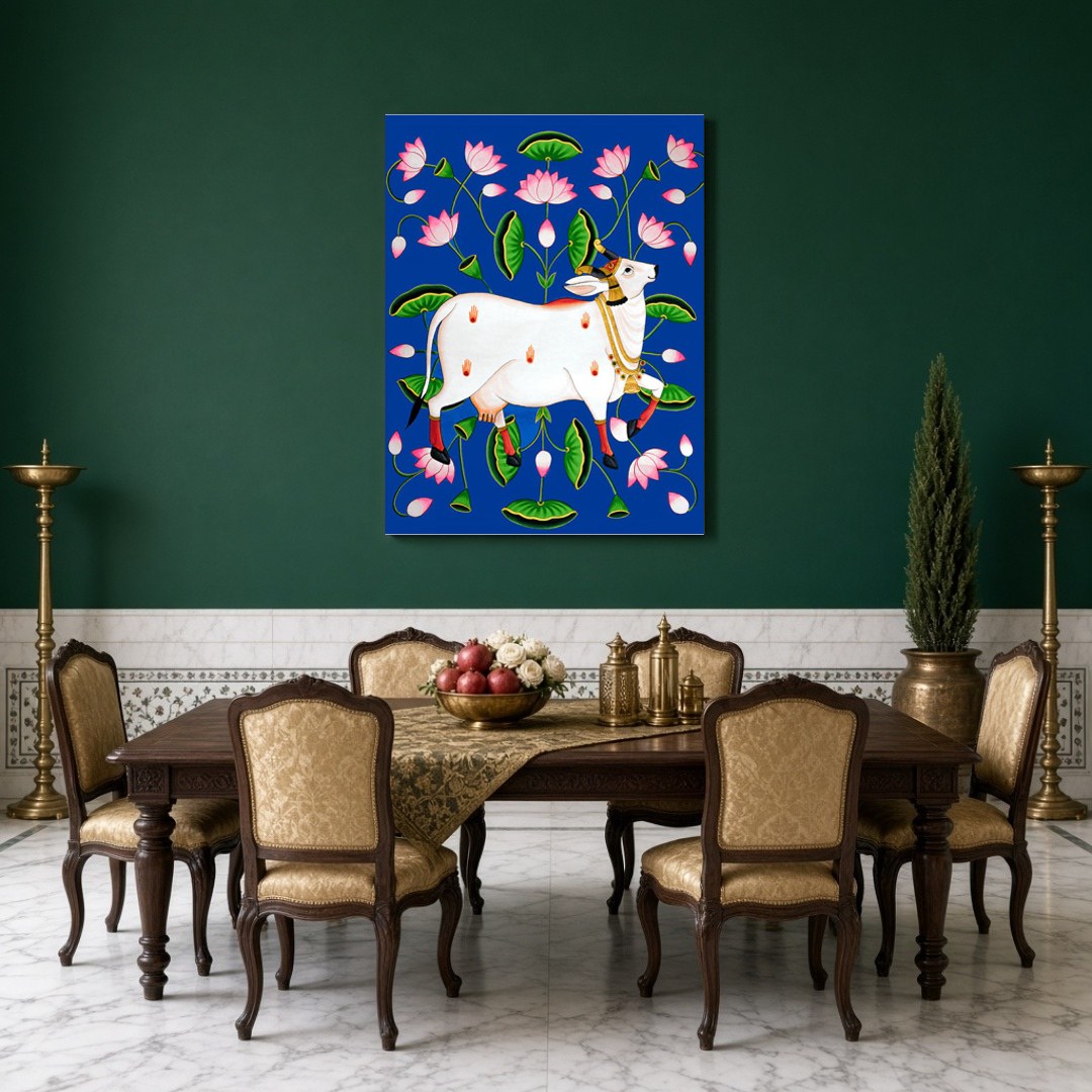 Experience the divine presence with this exquisite Pichwai artwork, featuring the revered Kamdhenu for Dining