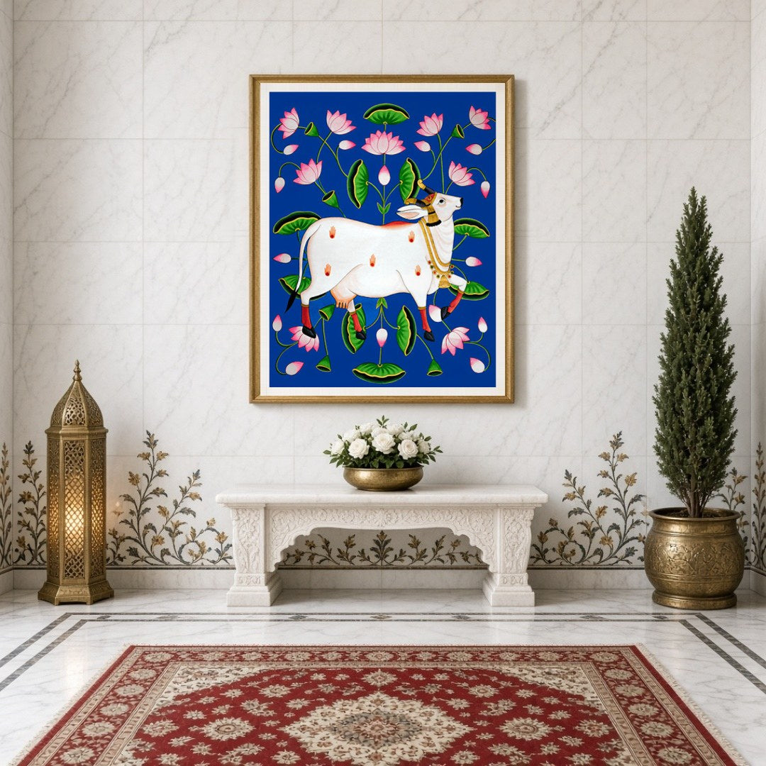Experience the divine presence with this exquisite Pichwai artwork, featuring the revered Kamdhenu for Entrance