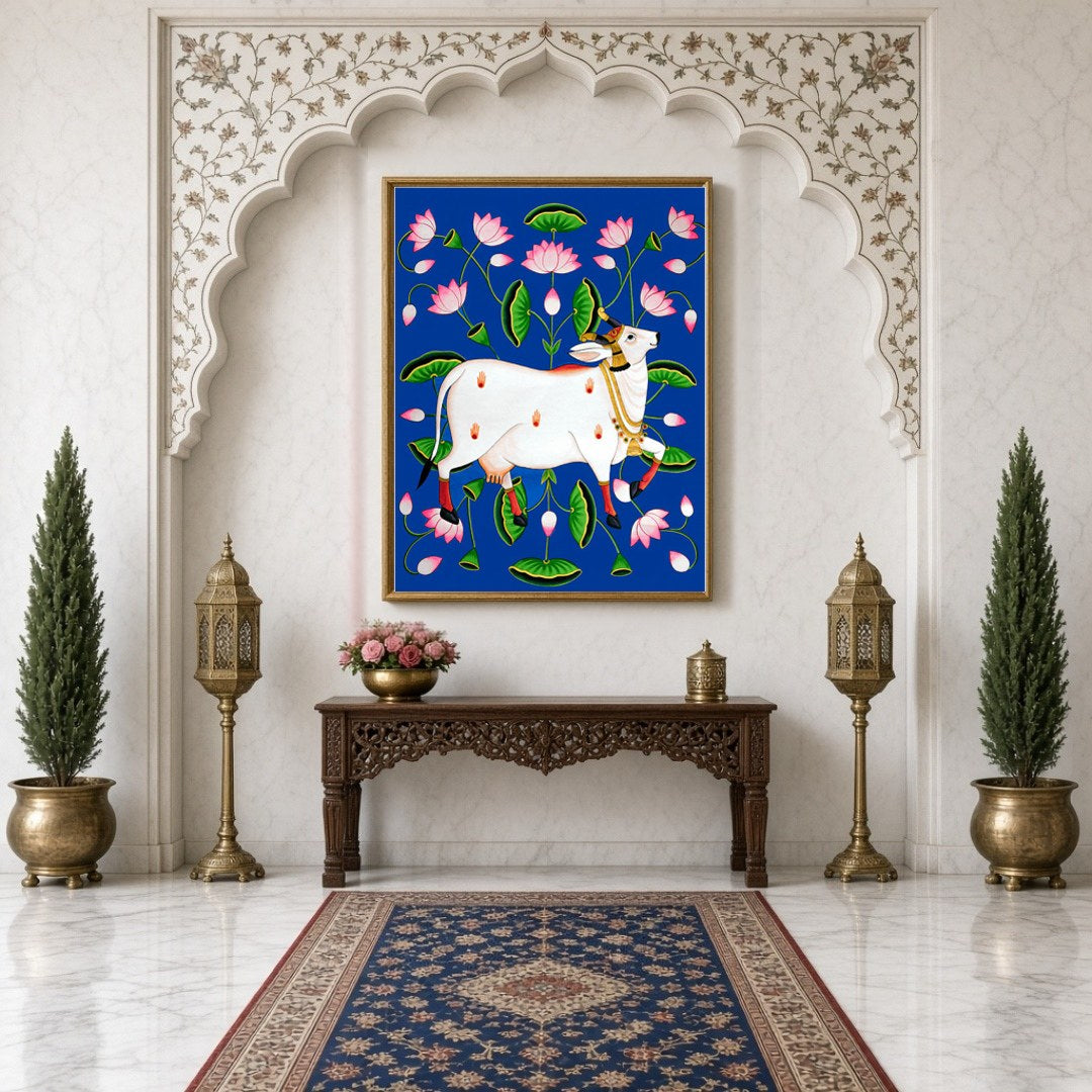 Experience the divine presence with this exquisite Pichwai artwork, featuring the revered Kamdhenu for Hallway