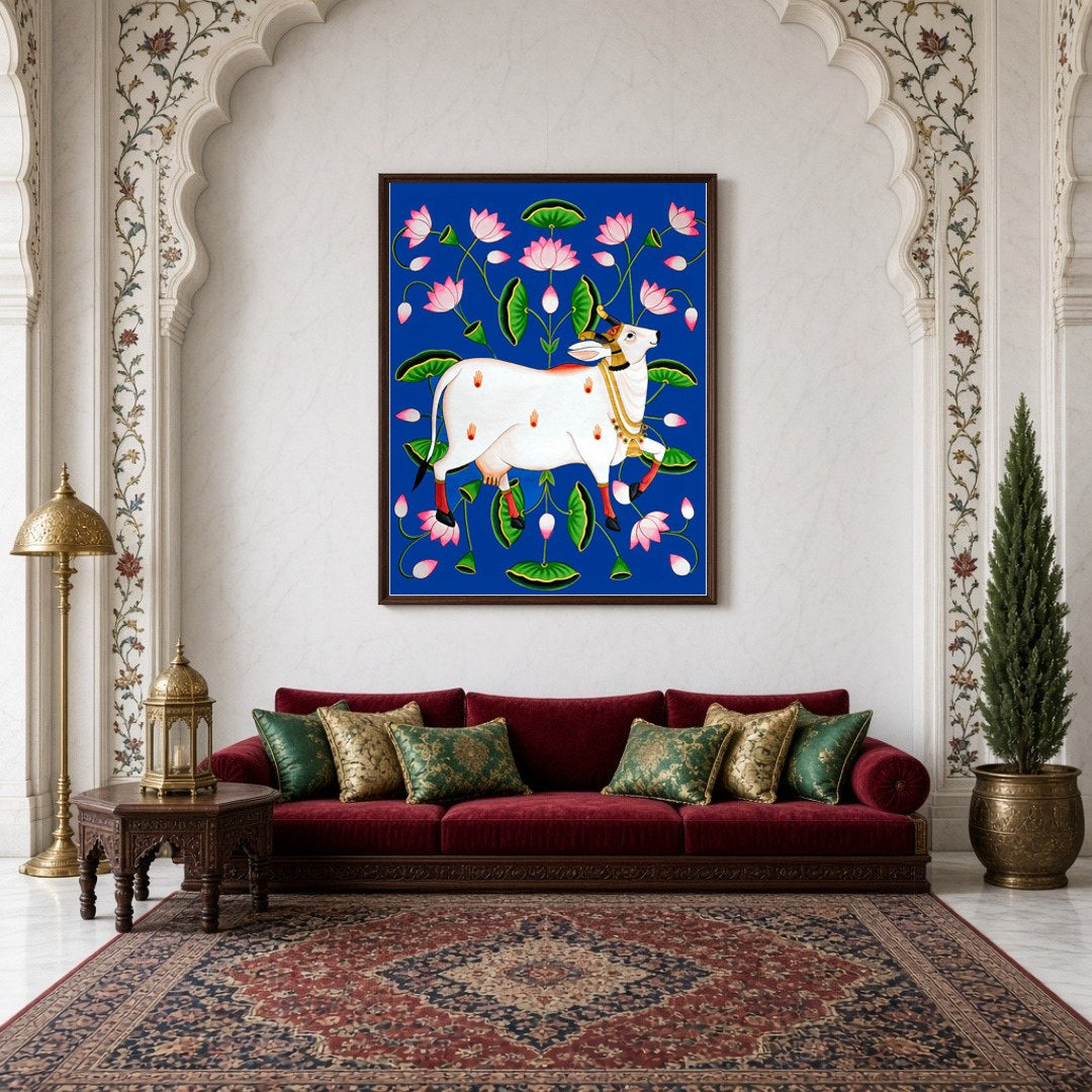 Experience the divine presence with this exquisite Pichwai artwork, featuring the revered Kamdhenu for Living Room