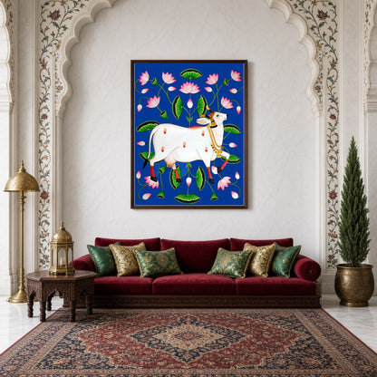 Experience the divine presence with this exquisite Pichwai artwork, featuring the revered Kamdhenu for Living Room