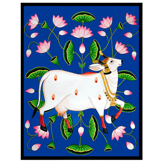 Experience the divine presence with this exquisite Pichwai artwork, featuring the revered Kamdhenu for office