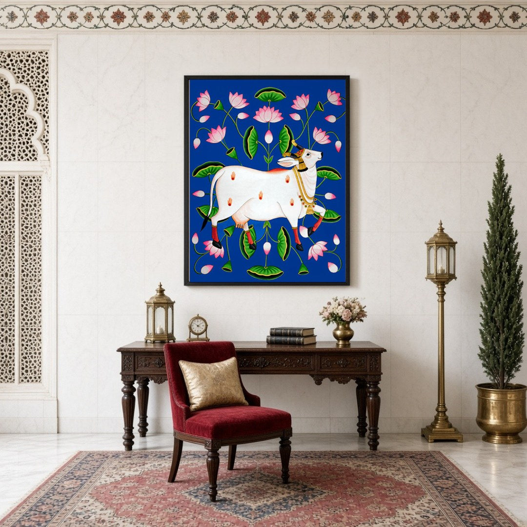 Experience the divine presence with this exquisite Pichwai artwork, featuring the revered Kamdhenu for Study
