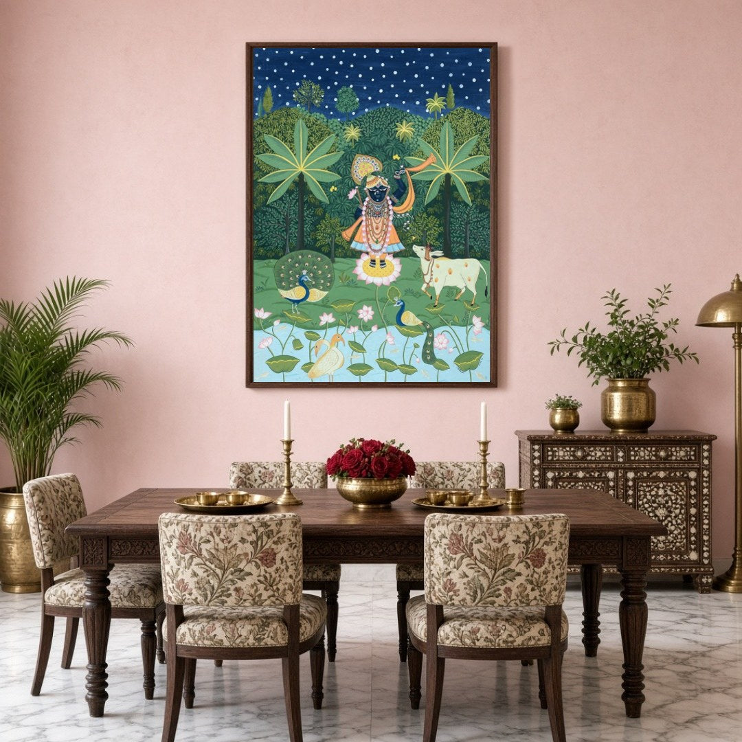 Immerse in the divine charm of this celestial Pichwai artwork featuring Lord Krishna serenading for Dining