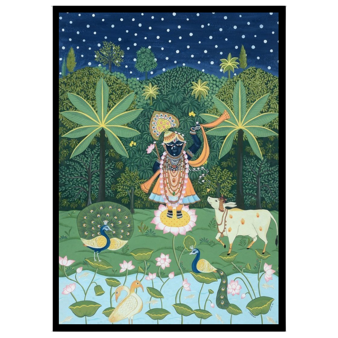 Immerse in the divine charm of this celestial Pichwai artwork featuring Lord Krishna serenading for dwelling