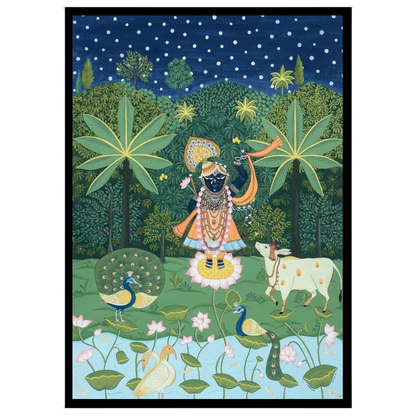 Immerse in the divine charm of this celestial Pichwai artwork featuring Lord Krishna serenading for dwelling