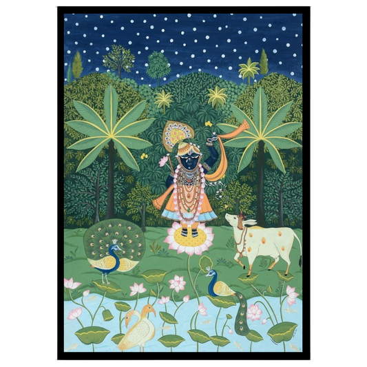 Immerse in the divine charm of this celestial Pichwai artwork featuring Lord Krishna serenading for dwelling