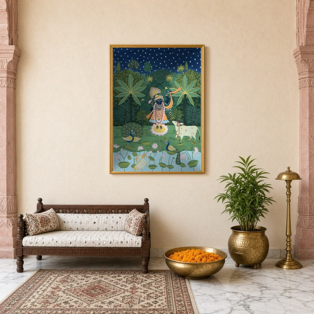 Immerse in the divine charm of this celestial Pichwai artwork featuring Lord Krishna serenading for Entrance