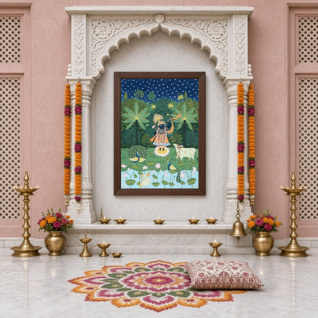 Immerse in the divine charm of this celestial Pichwai artwork featuring Lord Krishna serenading for Home Temple