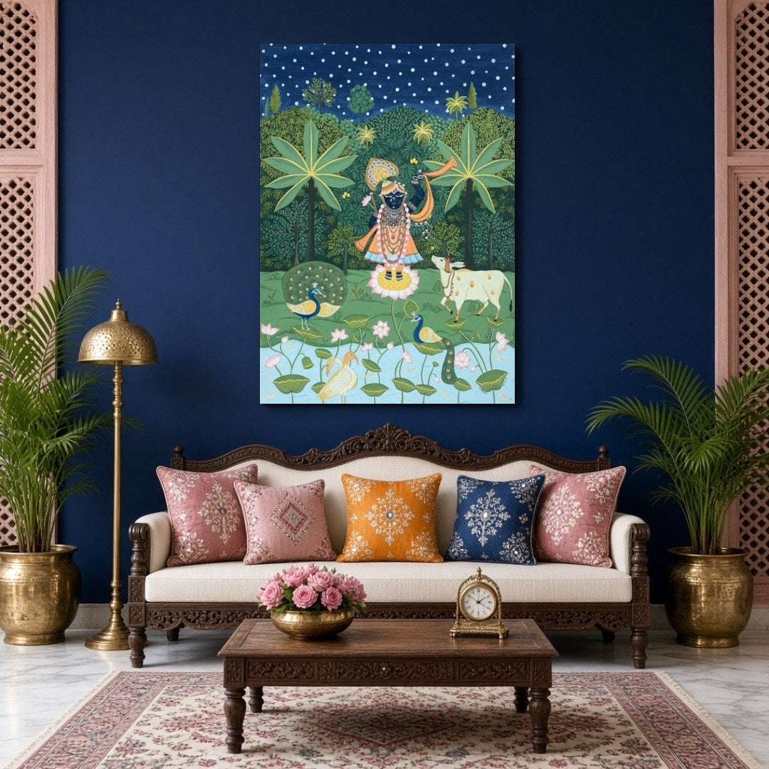 Immerse in the divine charm of this celestial Pichwai artwork featuring Lord Krishna serenading for Living Room