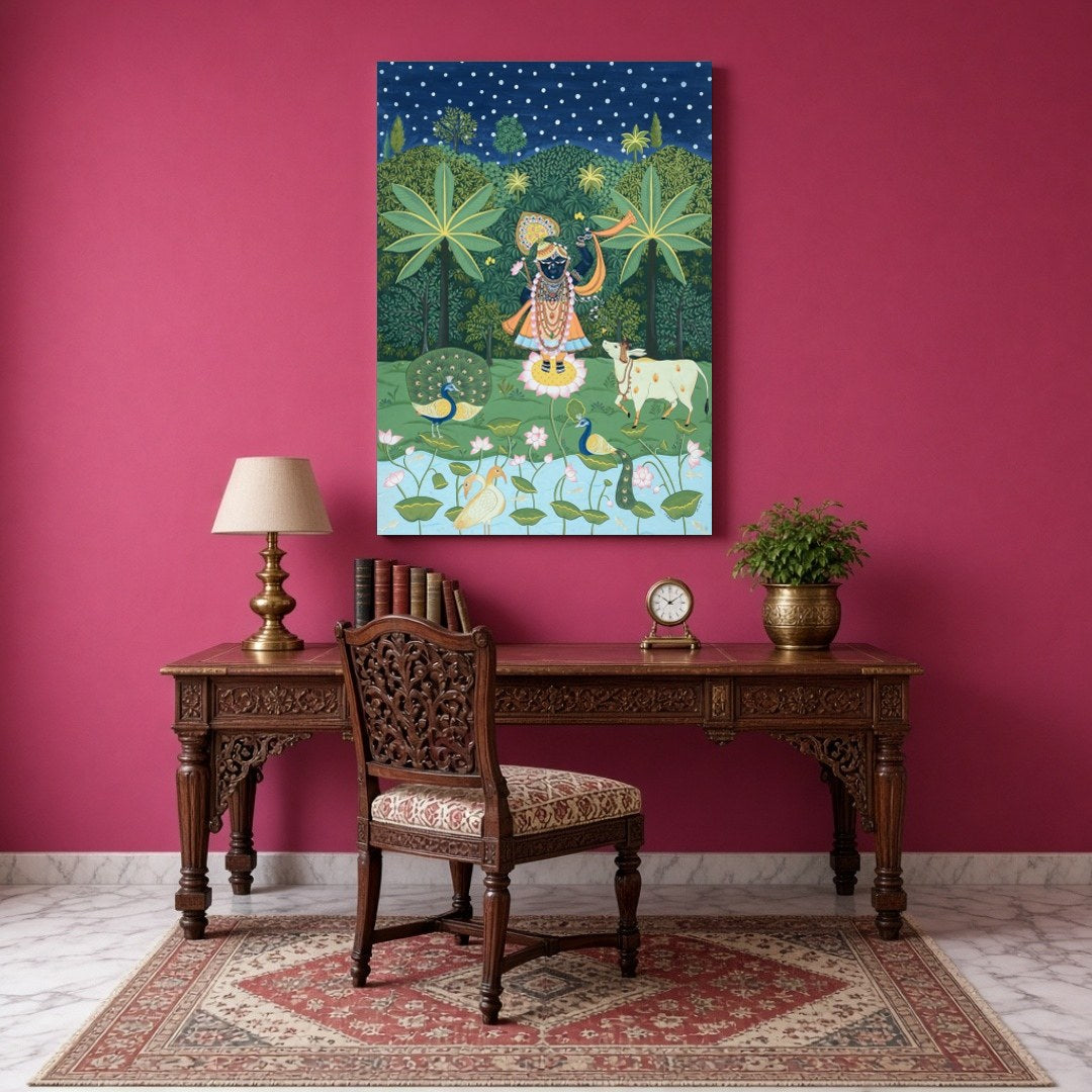 Immerse in the divine charm of this celestial Pichwai artwork featuring Lord Krishna serenading for Study