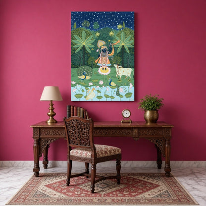Immerse in the divine charm of this celestial Pichwai artwork featuring Lord Krishna serenading for Study