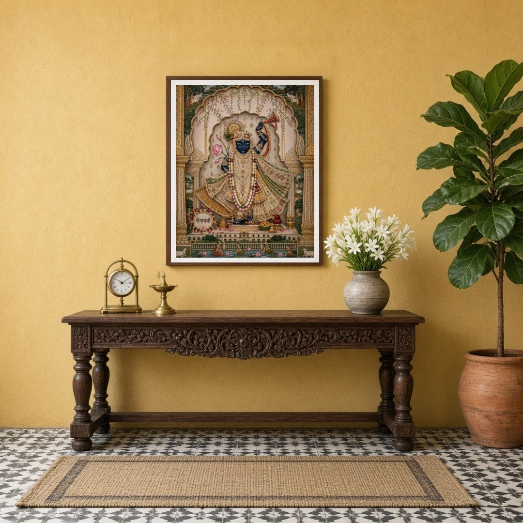 This exquisite Pichwai artwork features Lord Krishna adorned with intricate jewelry, playing the for Entrance