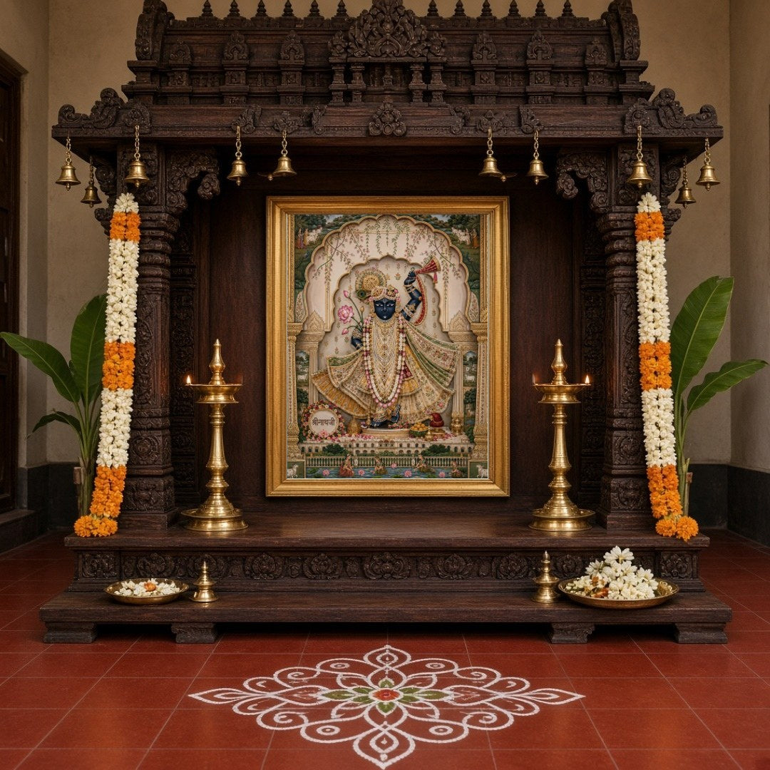 This exquisite Pichwai artwork features Lord Krishna adorned with intricate jewelry, playing the for Home Temple