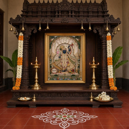 This exquisite Pichwai artwork features Lord Krishna adorned with intricate jewelry, playing the for Home Temple