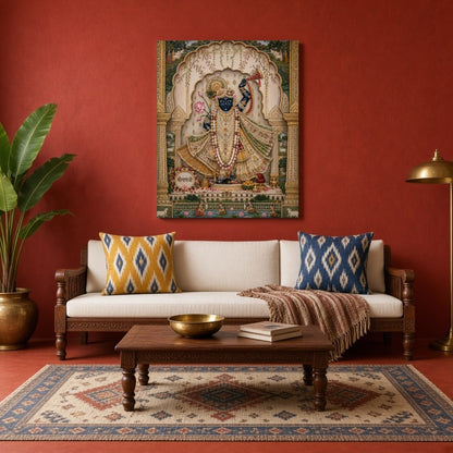 This exquisite Pichwai artwork features Lord Krishna adorned with intricate jewelry, playing the for Living Room