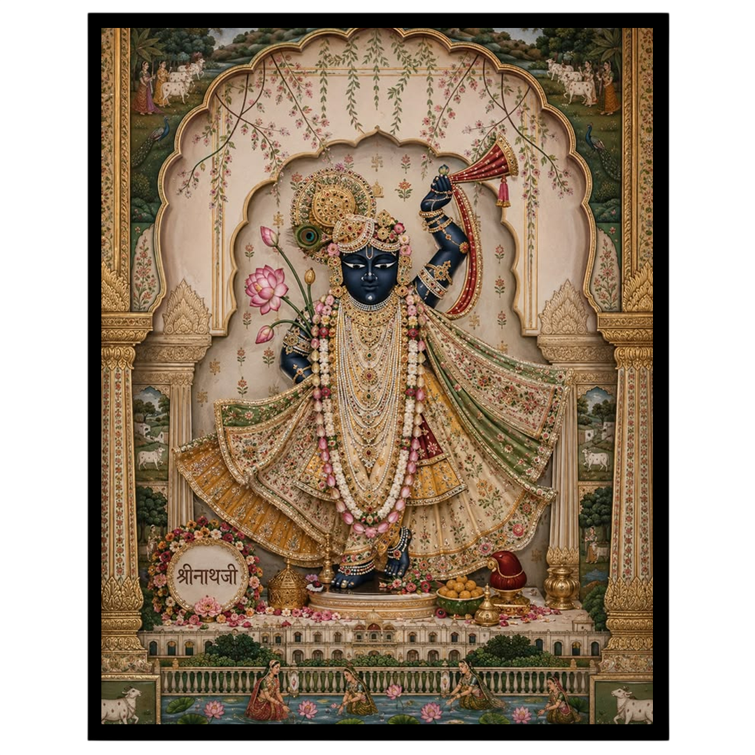This exquisite Pichwai artwork features Lord Krishna adorned with intricate jewelry, playing the for nook