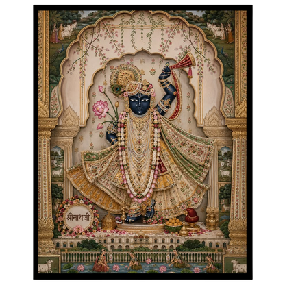 This exquisite Pichwai artwork features Lord Krishna adorned with intricate jewelry, playing the for nook