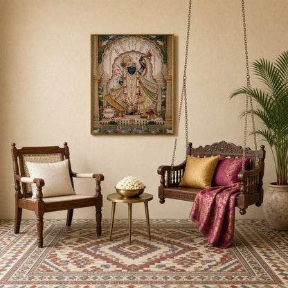This exquisite Pichwai artwork features Lord Krishna adorned with intricate jewelry, playing the for Sitting Lounge