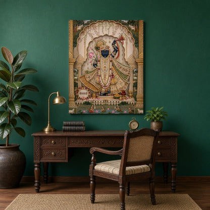 This exquisite Pichwai artwork features Lord Krishna adorned with intricate jewelry, playing the for Study