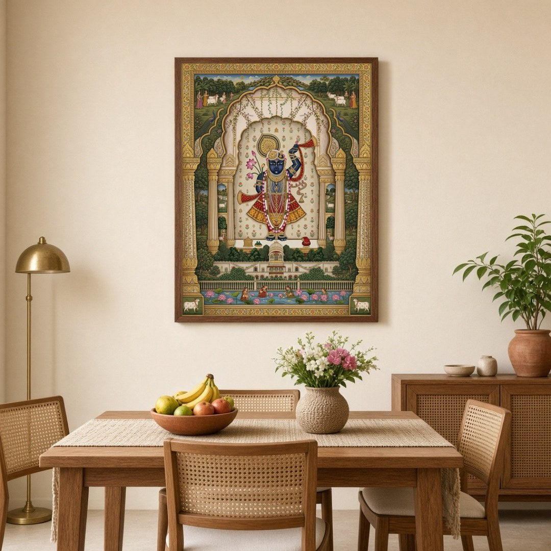 Experience the divine elegance of Lord Krishna in this exquisite Pichwai artwork, adorned with a for Dining